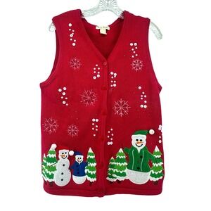 Tru Self Womens Red Christmas Snowman Sequin Sweater Vest Large Holiday V-Neck
